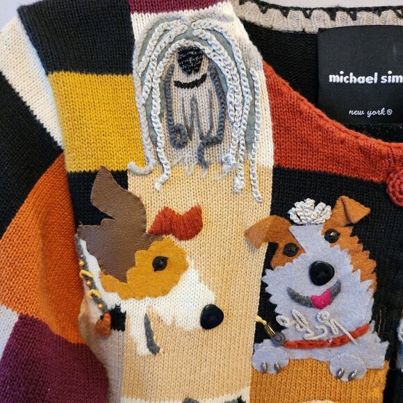 VINTAGE MICHAEL SIMON DOG EMBELLISHED CARDIGAN SWEATER, MULTI-COLOR, SIZE SMALL - Picture 6 of 15